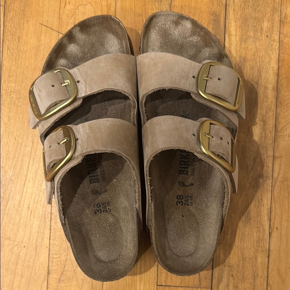 Birkenstock Taupe Suede Sandals with Brass Buckles